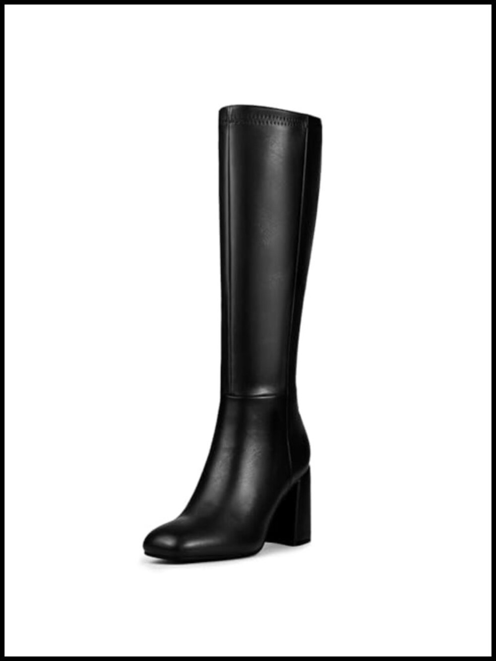 Faux Leather Knee High Boots Square Toe Chunky Block Heel Side Zip